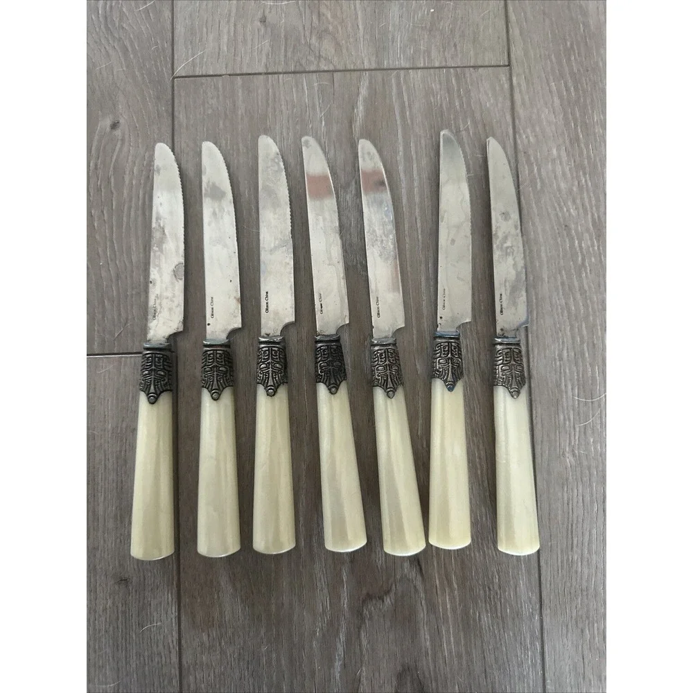 Vintage Gibson‎ Roseland White Stainless Flatware, Dinner Table Knife Set of 7